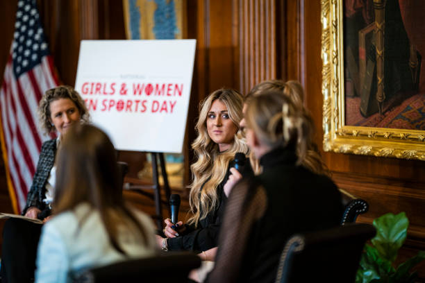 Riley Gaines speaks during a discussion on transgender athletes In women's sports during a National Girls and Women in Sports day event on Capitol...