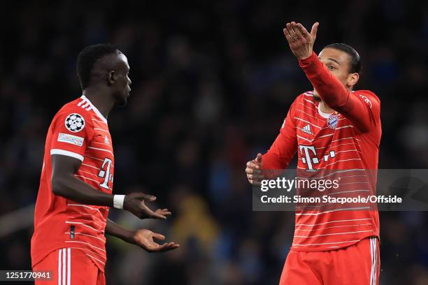 Sadio Mane of Bayern Munich and Leroy Sane of Bayern Munich argue with each other during the UEFA Champions League quarterfinal first leg match...