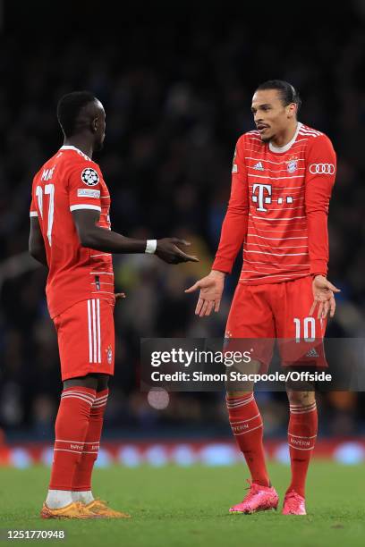 Leroy Sane of Bayern Munich and Sadio Mane of Bayern Munich moan at each other during the UEFA Champions League quarterfinal first leg match between...