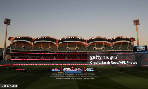 General View during the 2023 AFL Round 05 match between the Adelaide Crows and the Carlton Blues at Adelaide Oval on April 13, 2023 in Adelaide,...
