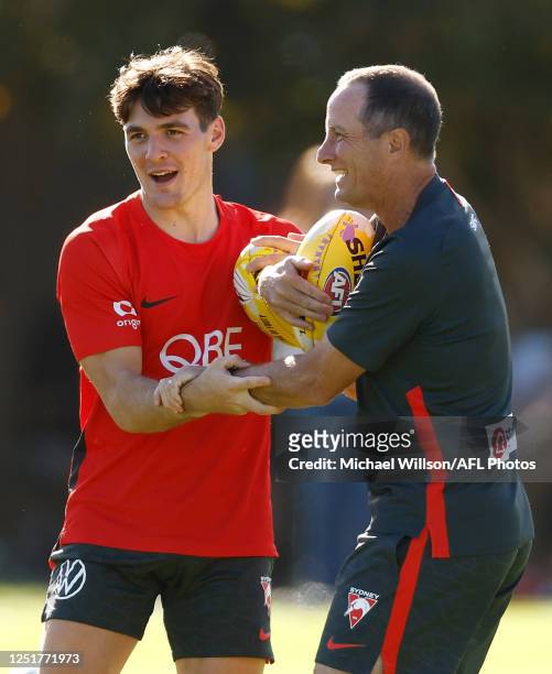 Errol Gulden of the Swans and Don Pyke, Assistant Coach of the Swans are seen during the Sydney Swans Captains Run at St Peters College on April 13,...