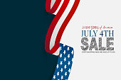 July 4th sale banner background. Waving United States of America national flag ribbon. USA independence day celebration. Realistic vector illustration.