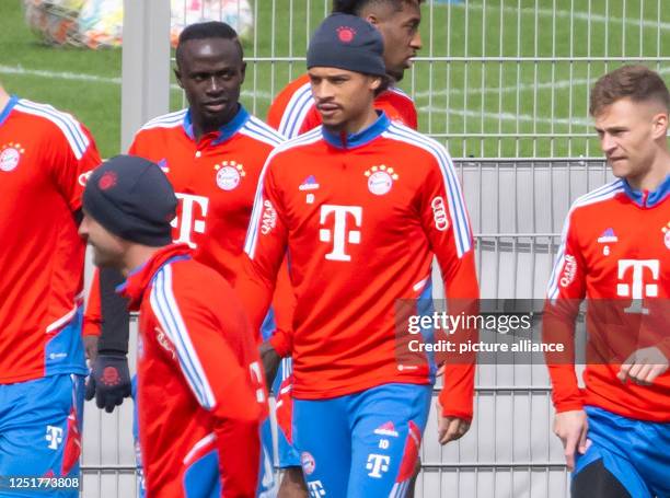 Dpatop - 13 April 2023, Bavaria, Munich: Soccer: Bundesliga, training FC Bayern Munich at the club's premises on Säbener Straße. Sadio Mane and Leroy...