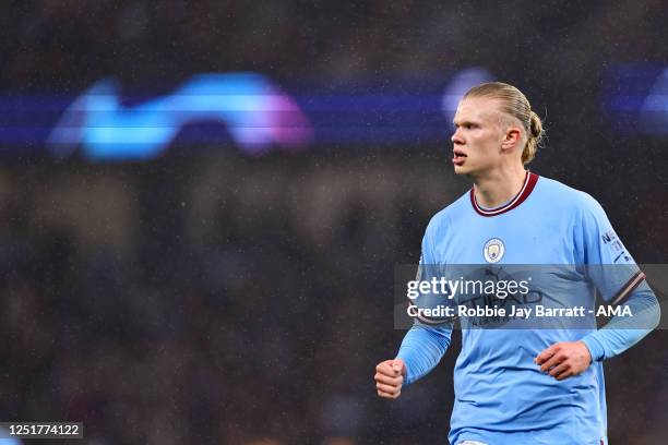 Erling Haaland of Manchester City during the UEFA Champions League quarterfinal first leg match between Manchester City and FC Bayern Munchen at...