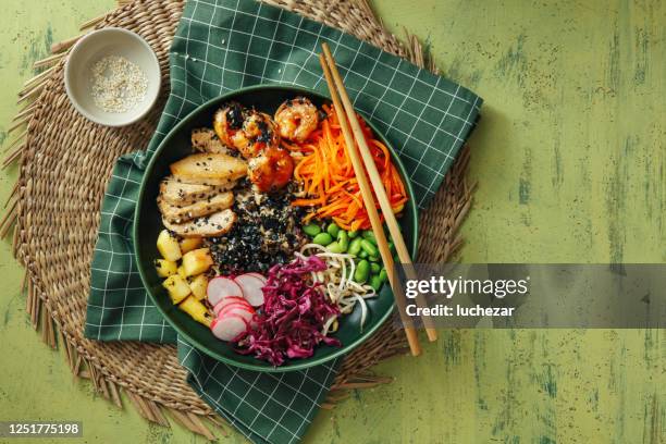 homemade poke bowl - shrimp edamame stock pictures, royalty-free photos & images