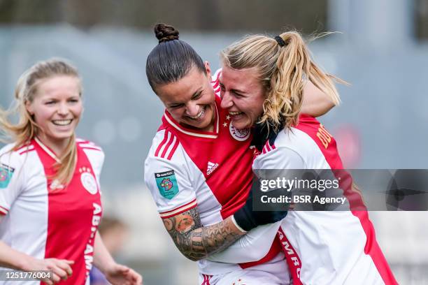 Lisa Doorn of Ajax celebrates her second goal with Sherida Spitse of Ajax during the Azerion Eredivisie Vrouwen match between Ajax and vv Alkmaar at...