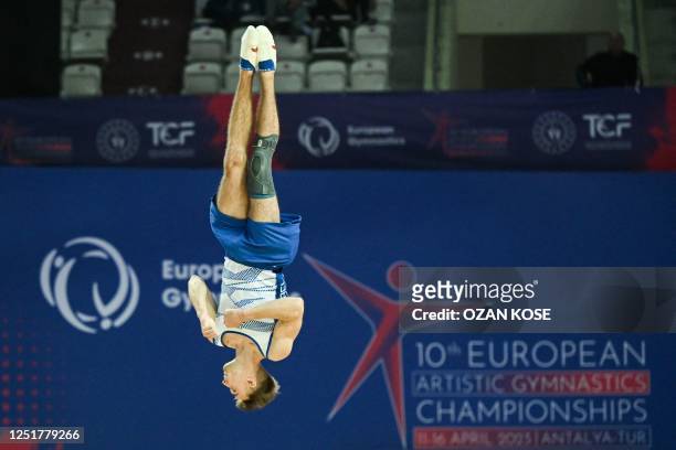 Israel's Ilia Liubimov competes on the floor exercise during the Men's All-Around Final event at the Artistic Gymnastics European Championships, in...