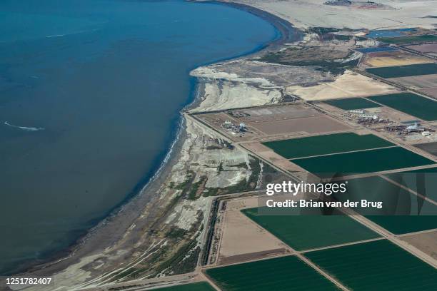 Receding shoreline at the Salton Sea on Tuesday, April 4, 2023 in Coachella Valley, CA. The Salton Sea is a shallow, landlocked, highly saline body...