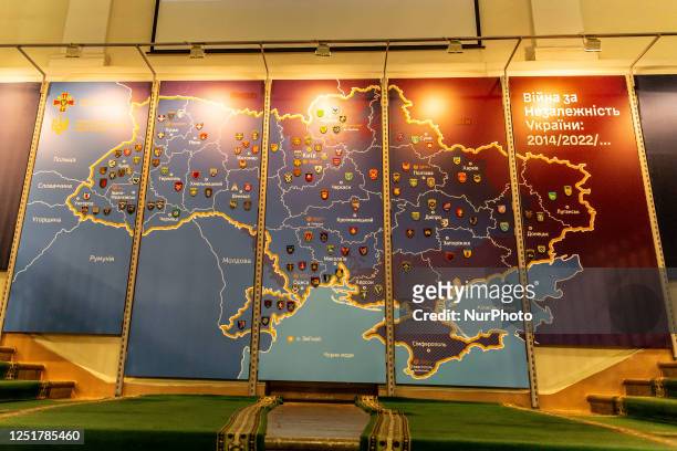 Map of Ukraine presenting the war straggle of 2014-2022 in Museum of Military History in central Kyiv, capital of Ukraine on April 13, 2023. As the...