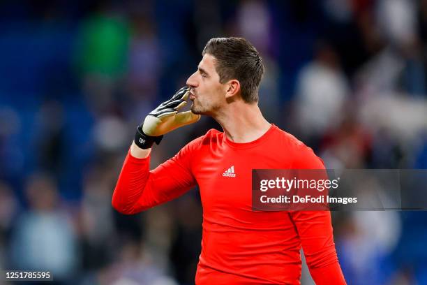 Goalkeeper Thibaut Courtois of Real Madrid gestures after the UEFA Champions League quarterfinal first leg match between Real Madrid and Chelsea FC...