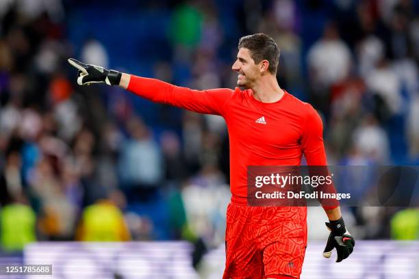 Goalkeeper Thibaut Courtois of Real Madrid gestures after the UEFA Champions League quarterfinal first leg match between Real Madrid and Chelsea FC...