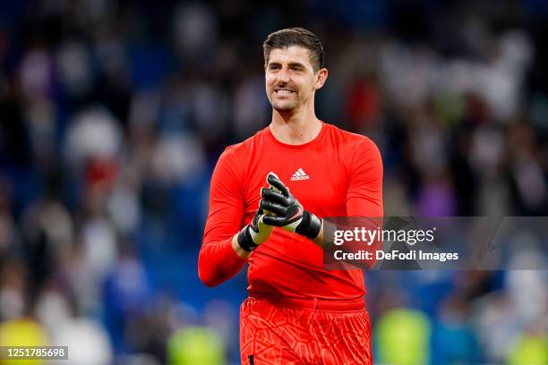 Goalkeeper Thibaut Courtois of Real Madrid gestures after the UEFA Champions League quarterfinal first leg match between Real Madrid and Chelsea FC...