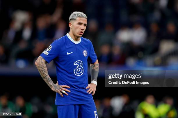 Enzo Fernandez of Chelsea FC looks on during the UEFA Champions League quarterfinal first leg match between Real Madrid and Chelsea FC at Estadio...