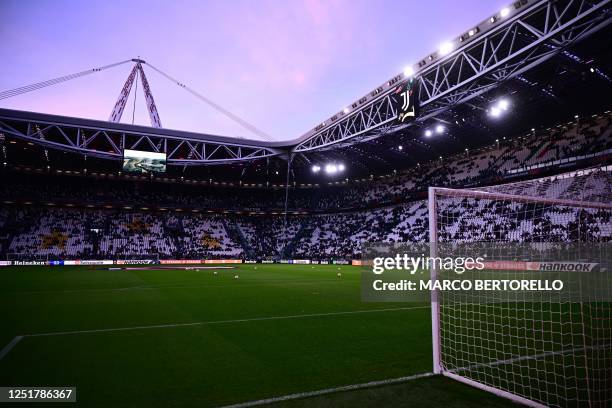 General view shows the pitch and tribunes prior to the UEFA Europa League quarter-finals first leg football match between Juventus and Sporting CP,...