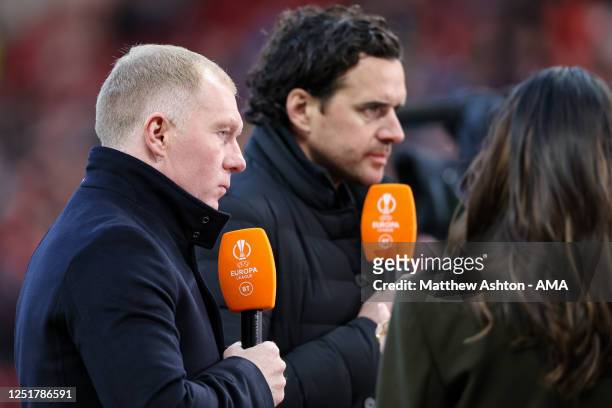 Paul Scholes working for BT Sport during the UEFA Europa League quarterfinal first leg match between Manchester United and Sevilla FC at Old Trafford...