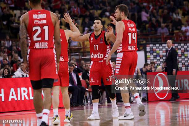 Kostas Sloukas, #11 of Olympiacos Piraeus reac during the 2022-23 Turkish Airlines EuroLeague Regular Season Round 34 game between Olympiacos Piraeus...