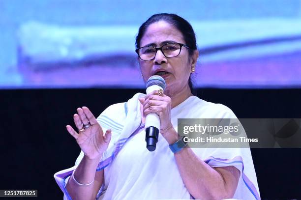 West Bengal Chief Minister and TMC supremo Mamata Banerjee speaks during inauguration of Dhana Dhanye auditorium, Alipore, on April 13, 2023 in...