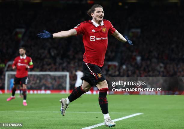 Manchester United's Austrian midfielder Marcel Sabitzer celebrates scoring the team's second goal during the UEFA Europa league quarter-final, first...