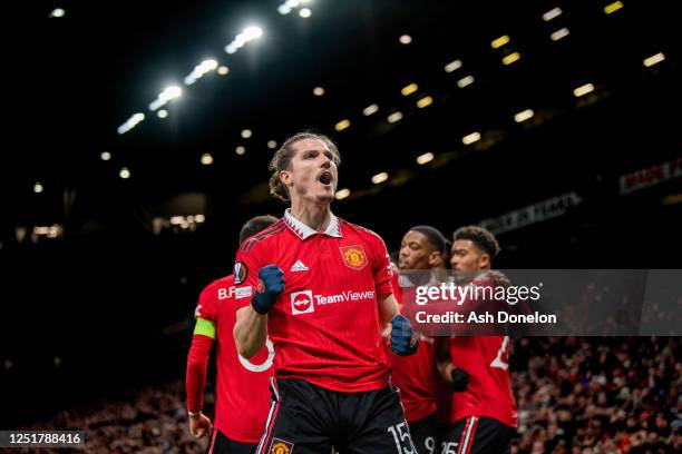 Marcel Sabitzer of Manchester United celebrates scoring a goal to make the score 1-0 during the UEFA Europa League Quarterfinal first leg match...