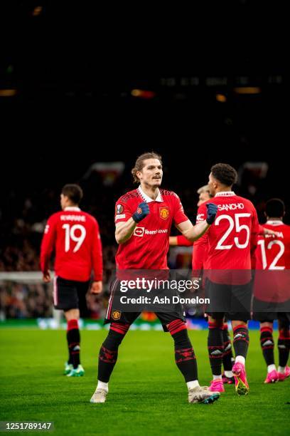 Marcel Sabitzer of Manchester United celebrates scoring a goal to make the score 2-0 during the UEFA Europa League Quarterfinal first leg match...