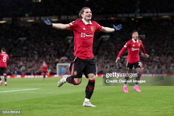 Marcel Sabitzer of Manchester United celebrates after scoring his team's second goal during the UEFA Europa League quarterfinal first leg match...