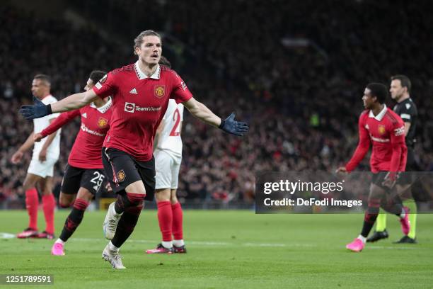 Marcel Sabitzer of Manchester United celebrates after scoring his team's first goal during the UEFA Europa League quarterfinal first leg match...