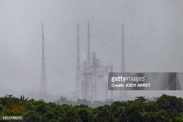 This photograph taken on April 13 shows Arianespace's Ariane 5 rocket with the interplanetary spacecraft JUICE onboard, on its launchpad at the...