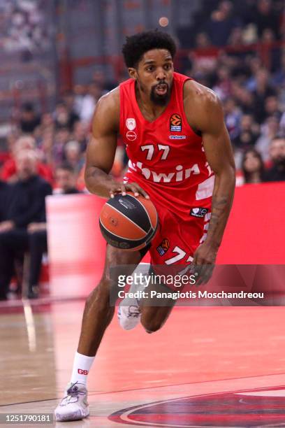 Shaquielle McKissic, #77 of Olympiacos Piraeus in action during the 2022-23 Turkish Airlines EuroLeague Regular Season Round 34 game between...
