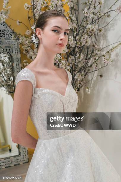 Model at Reem Acra 2024 Bridal Collection Presentation at the Reem Acra Showroom on April 13, 2023 in New York, New York.