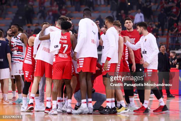 Players of Olympiacos Piraeus celebrate their victory right after the 2022-23 Turkish Airlines EuroLeague Regular Season Round 34 game between...