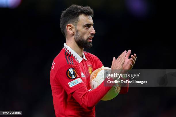 Bruno Fernandes of Manchester United gestures during the UEFA Europa League quarterfinal first leg match between Manchester United and Sevilla FC at...