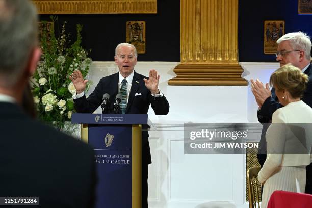 President Joe Biden gestures as he speaks during a Banquet Dinner at Dublin Castle on April 13 during his four day trip to Northern Ireland and...