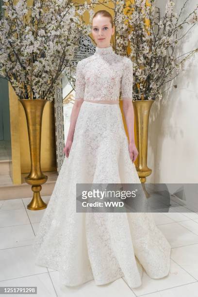 Model at Reem Acra 2024 Bridal Collection Presentation at the Reem Acra Showroom on April 13, 2023 in New York, New York.