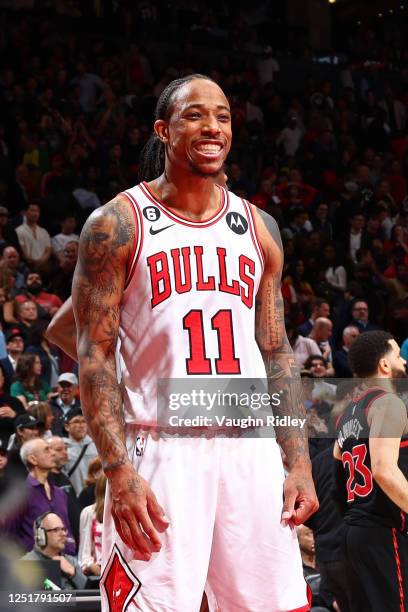 DeMar DeRozan of the Chicago Bulls smiles against the Chicago Bulls during the 2023 Play-In Tournament on April 12, 2023 at the Scotiabank Arena in...