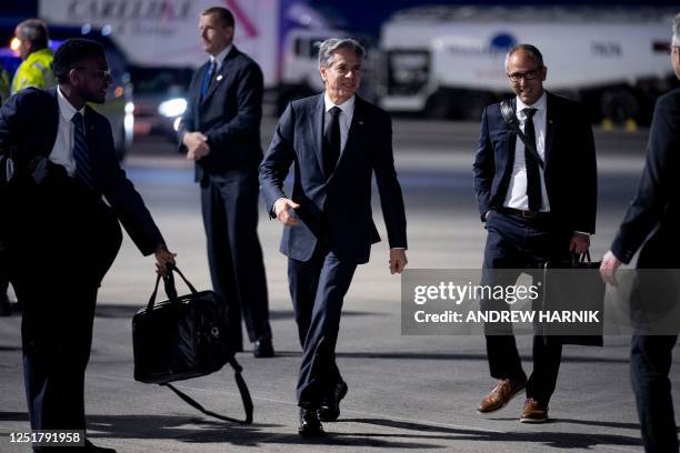 Secretary of State Antony Blinken boards his plane at Dublin International Airport in Dublin, Ireland on April 13 to travel to Hanoi, Vietnam.