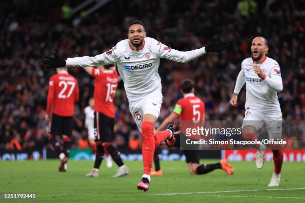 Yousseff En-Nesyri of Sevilla during the UEFA Europa League quarterfinal first leg match between Manchester United and Sevilla FC at Old Trafford on...