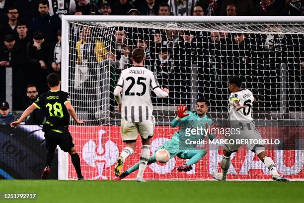 Juventus' Italian goalkeeper Mattia Perin deflects a shot during the UEFA Europa League quarter-finals first leg football match between Juventus and...