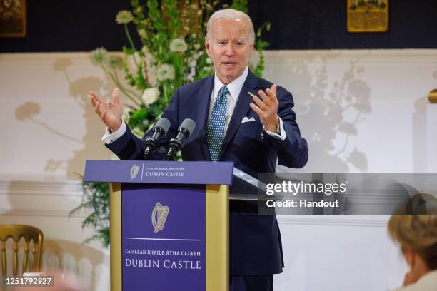 In this handout image provided by the Irish Government, US President Joe Biden speaks at the official banquet dinner at Dublin Castle on April 13,...