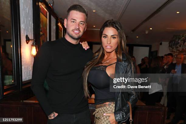 Carl Woods and Katie Price attend the press night after party for "Vardy vs Rooney: The Wagatha Christie Trial" at St Martin's House on April 13,...