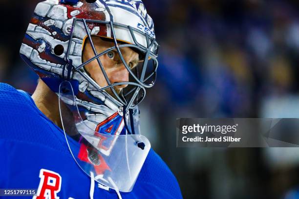 Jaroslav Halak of the New York Rangers skates during warmups prior to the game against the Toronto Maple Leafs at Madison Square Garden on April 13,...