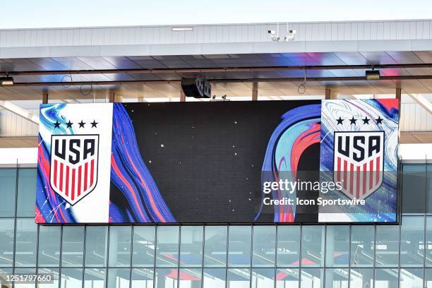 The video board showing the U.S. Logo during an international friendly game between the Republic of Ireland Woman's National Team and the United...