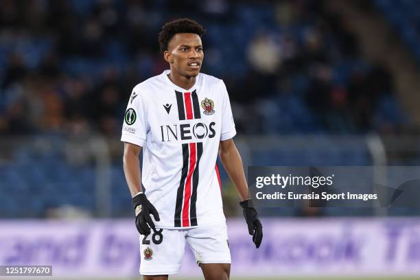 Hicham Boudaoui of Nice looks on during the UEFA Europa Conference League quarterfinal first leg match between FC Basel and OGC Nice at St. Jakob...