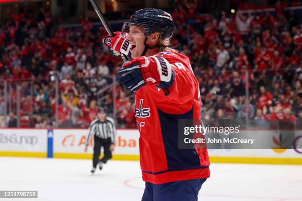 Rasmus Sandin of the Washington Capitals celebrates a first period goal against the New Jersey Devils at Capital One Arena on April 13, 2023 in...