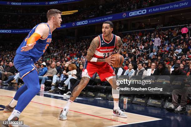 Kyle Kuzma of the Washington Wizards moves the ball during the game against the New York Knicks on February 24, 2023 at Capital One Arena in...