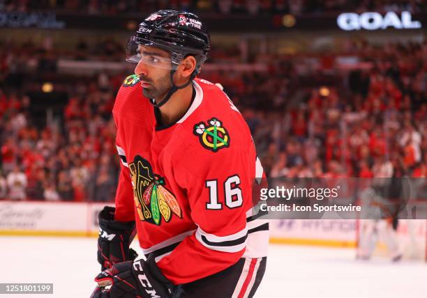 Chicago Blackhawks left wing Jujhar Khaira skates back the bench after scoring a goal during a game between the Philadelphia Flyers and the Chicago...