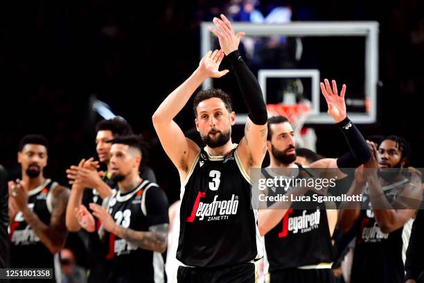 Marco Belinelli, #3 of Virtus Segafredo Bologna celebrates at the end of 2022-23 Turkish Airlines EuroLeague Regular Season Round 34 game between...