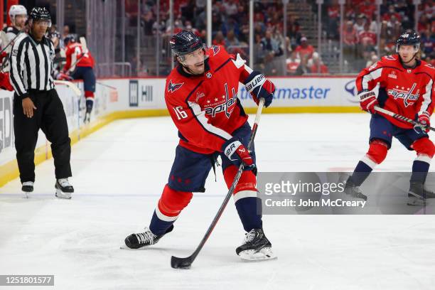 Craig Smith of the Washington Capitals takes a shot on net during a game against the New Jersey Devils at Capital One Arena on April 13, 2023 in...