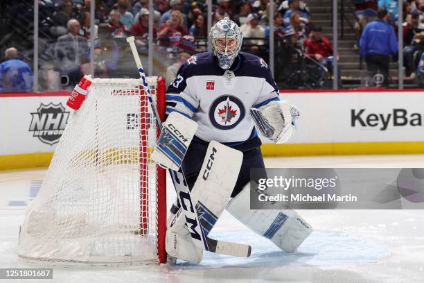 Goaltender David Rittich of the Winnipeg Jets defends against the Colorado Avalanche at Ball Arena on April 13, 2023 in Denver, Colorado.