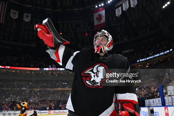 Craig Anderson of the Buffalo Sabres salutes the crowd after an NHL game against the Ottawa Senators on April 13, 2023 at KeyBank Center in Buffalo,...