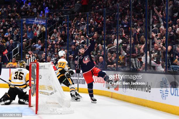 Emil Bemstrom of the Columbus Blue Jackets reacts after scoring the game tying goal during the third period of a game against the Pittsburgh Penguins...